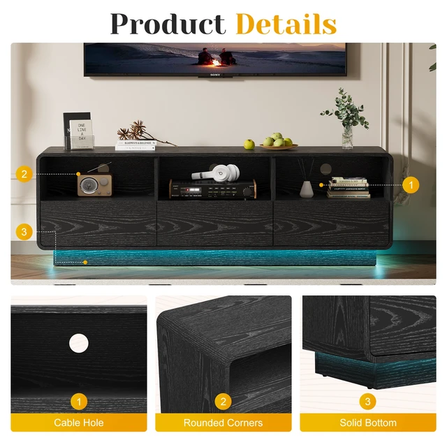 Alt view image 3 of 7 - Floating Bohemian TV Stand with Storage Drawers, 59 Inch Entertainment Center with LED Lights for Living, Black