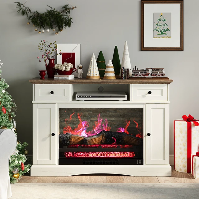 Alt view image 2 of 6 - TV Stand with 28 Inch Electric Fireplace, Media Console Table with Adjustable Shelves and Double Door Entertainment