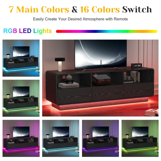 Alt view image 6 of 7 - Floating Bohemian TV Stand with Storage Drawers, 59 Inch Entertainment Center with LED Lights for Living, Black