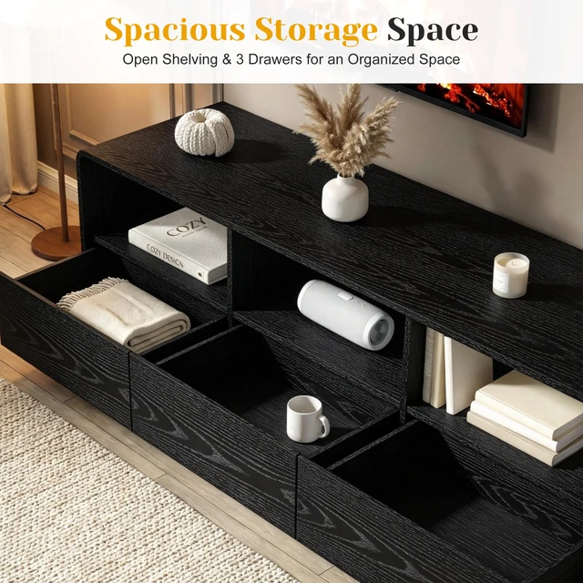 Alt view image 5 of 7 - Floating Bohemian TV Stand with Storage Drawers, 59 Inch Entertainment Center with LED Lights for Living, Black