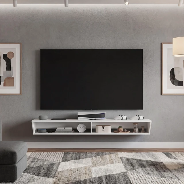 Main image of Floating TV Stand with Open Storage Shelves for Tvs, White, Particle Board, TV Entertainment Furniture