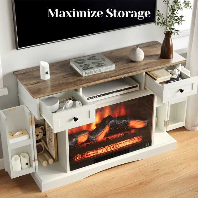 Alt view image 4 of 6 - TV Stand with 28 Inch Electric Fireplace, Media Console Table with Adjustable Shelves and Double Door Entertainment