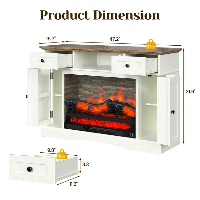 Alt view image 3 of 6 - TV Stand with 28 Inch Electric Fireplace, Media Console Table with Adjustable Shelves and Double Door Entertainment