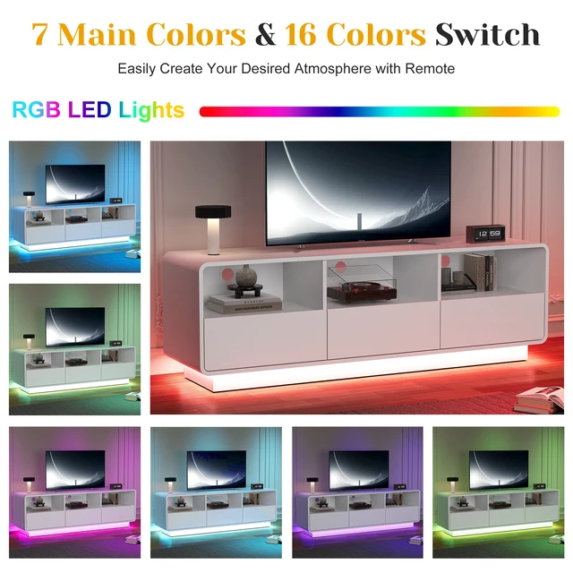 Alt view image 4 of 7 - Floating Bohemian TV Stand with Storage Drawers, 59 Inch Entertainment Center with LED Lights for Living, White