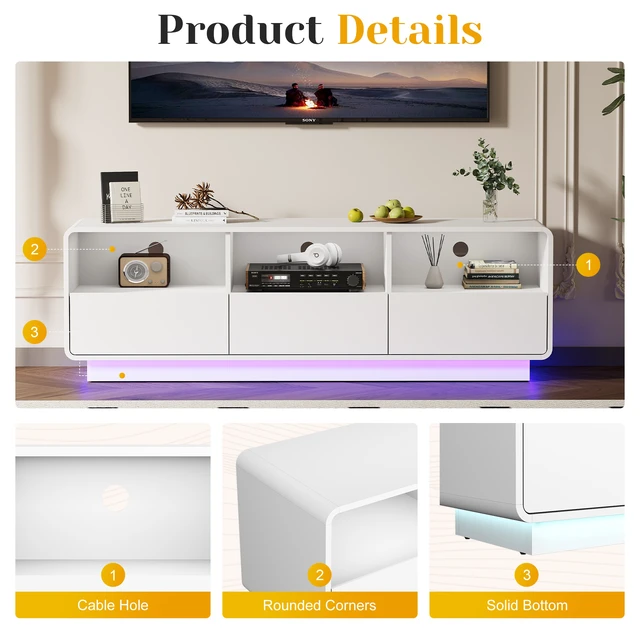 Alt view image 5 of 7 - Floating Bohemian TV Stand with Storage Drawers, 59 Inch Entertainment Center with LED Lights for Living, White