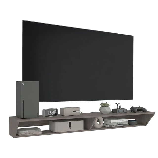 Alt view image 2 of 7 - Floating TV Stand with Open Storage Shelves for Tvs, Positano, Gray Wash, Particle Board, TV Entertainment Furniture