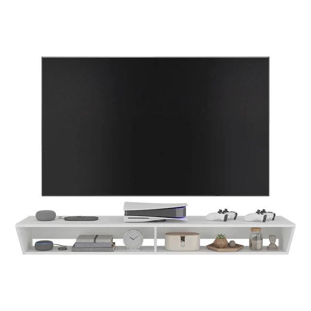 Alt view image 7 of 7 - Floating TV Stand with Open Storage Shelves for Tvs, White, Particle Board, TV Entertainment Furniture