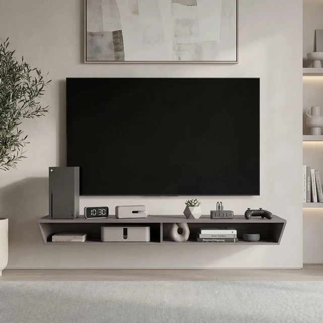 Main image of Floating TV Stand with Open Storage Shelves for Tvs, Positano, Gray Wash, Particle Board, TV Entertainment Furniture