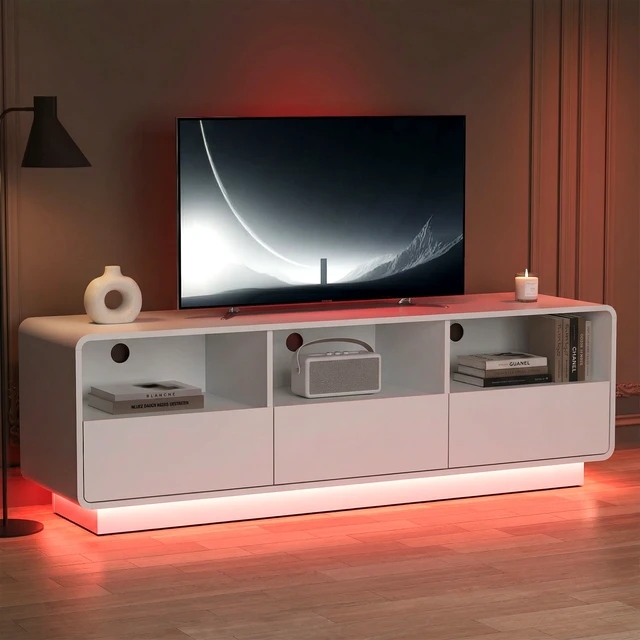 Alt view image 7 of 7 - Floating Bohemian TV Stand with Storage Drawers, 59 Inch Entertainment Center with LED Lights for Living, White