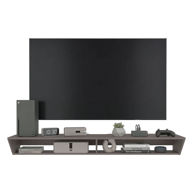 Alt view image 6 of 7 - Floating TV Stand with Open Storage Shelves for Tvs, Positano, Gray Wash, Particle Board, TV Entertainment Furniture