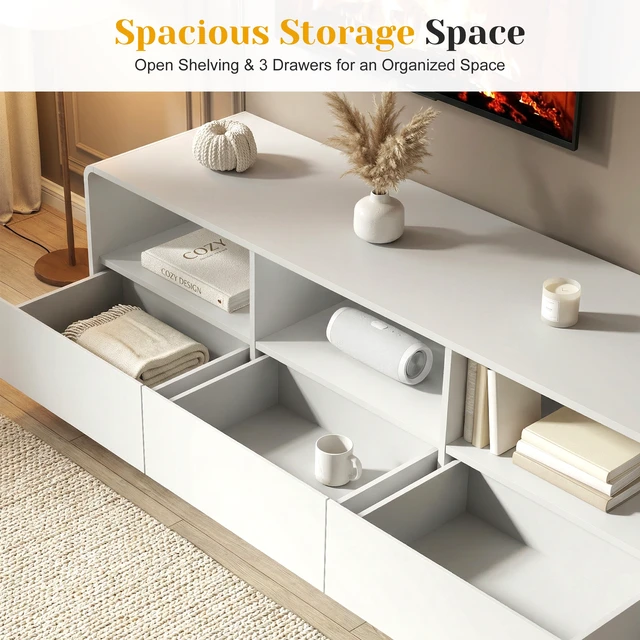 Alt view image 3 of 7 - Floating Bohemian TV Stand with Storage Drawers, 59 Inch Entertainment Center with LED Lights for Living, White