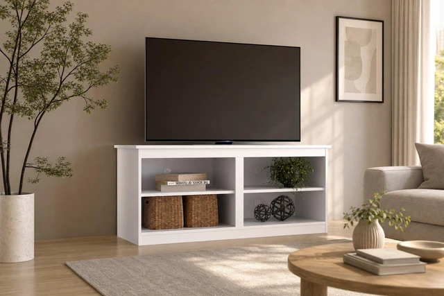 Main image of TV Stand for Tvs 50 Inch, Entertainment Center with Open Storage Shelves and Cable Management, White, Melamine, TV
