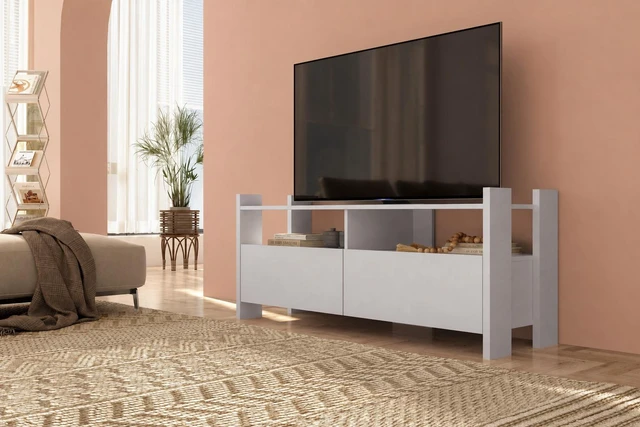 Main image of TV Stand for Tvs 55 Inch, Entertainment Center with Open Storage Shelves and Two Drawers, White, Melamine, TV
