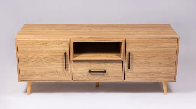 Alt view image 2 of 5 - TV Stand for Tvs 60 Inches, Entertainment Center Two Doors One Drawer and One Open Shelf Hannover, Oak, Melamine, TV