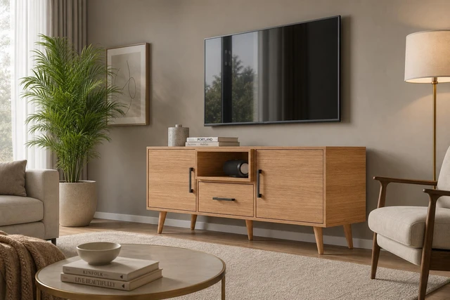 Main image of TV Stand for Tvs 60 Inches, Entertainment Center Two Doors One Drawer and One Open Shelf Hannover, Oak, Melamine, TV