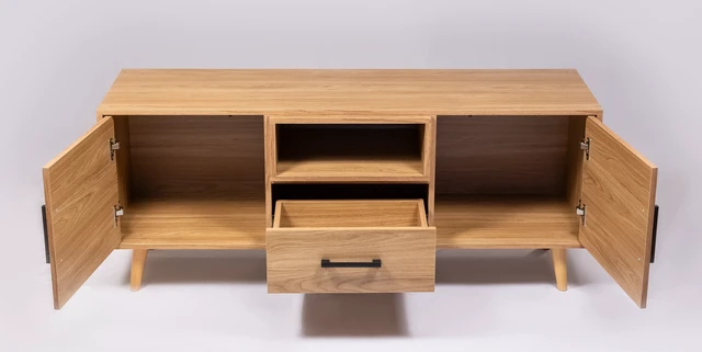 Alt view image 4 of 5 - TV Stand for Tvs 60 Inches, Entertainment Center Two Doors One Drawer and One Open Shelf Hannover, Oak, Melamine, TV