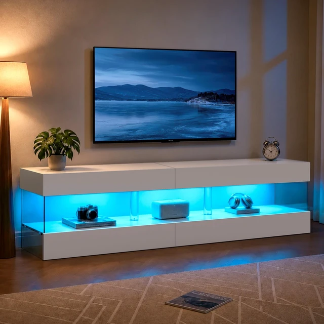 Main image of TV Stand for 70 Inch TV LED Gaming Entertainment Center Media Storage Console Table for Living, White, Particle Board