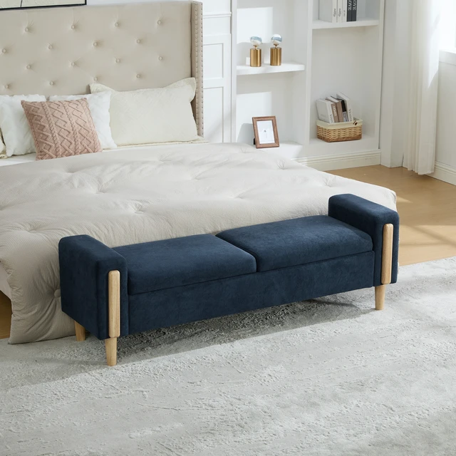 Alt view image 4 of 7 - 65.67 Inch Wide Upholstered Storage Bench with Double Lids, Chenille Fabric Foot Stool with Armrest Bench Daybed