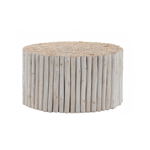 Alt view image 2 of 5 - Handcrafted Round Coffee Table Made From Wooden Logs Featuring Detailed Carved Top, Earthy Charm, White, Wood