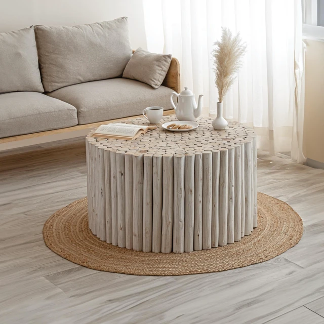 Main image of Handcrafted Round Coffee Table Made From Wooden Logs Featuring Detailed Carved Top, Earthy Charm, White, Wood