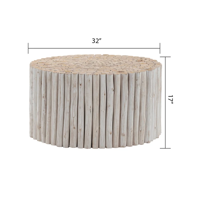 Alt view image 4 of 5 - Handcrafted Round Coffee Table Made From Wooden Logs Featuring Detailed Carved Top, Earthy Charm, White, Wood