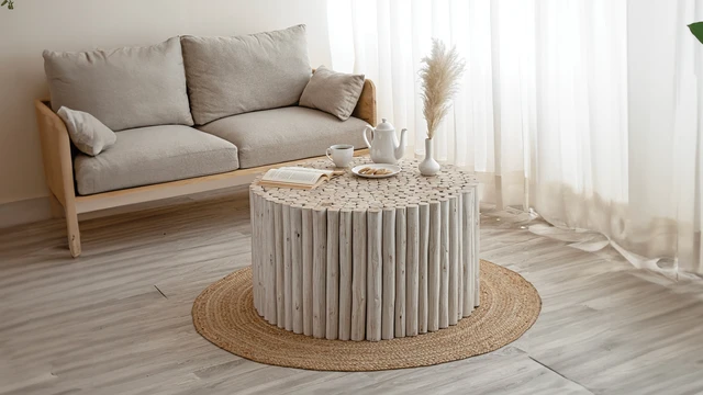 Alt view image 3 of 5 - Handcrafted Round Coffee Table Made From Wooden Logs Featuring Detailed Carved Top, Earthy Charm, White, Wood