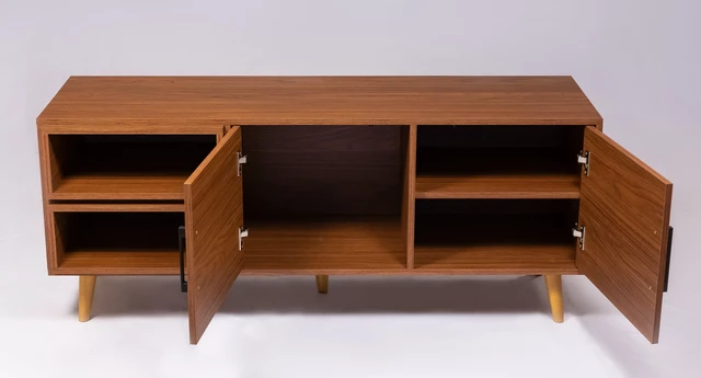 Alt view image 3 of 6 - TV Stand for Tvs 60 Inches, Entertainment Center Two Doors and Two Open Shelves Caiena, Walnut, Melamine, TV