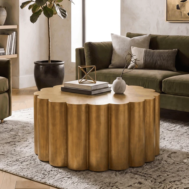 Main image of Scalloped Cylindrical Form Coffee Table Made with Aluminum Sheet, Gold, Aluminium and Iron