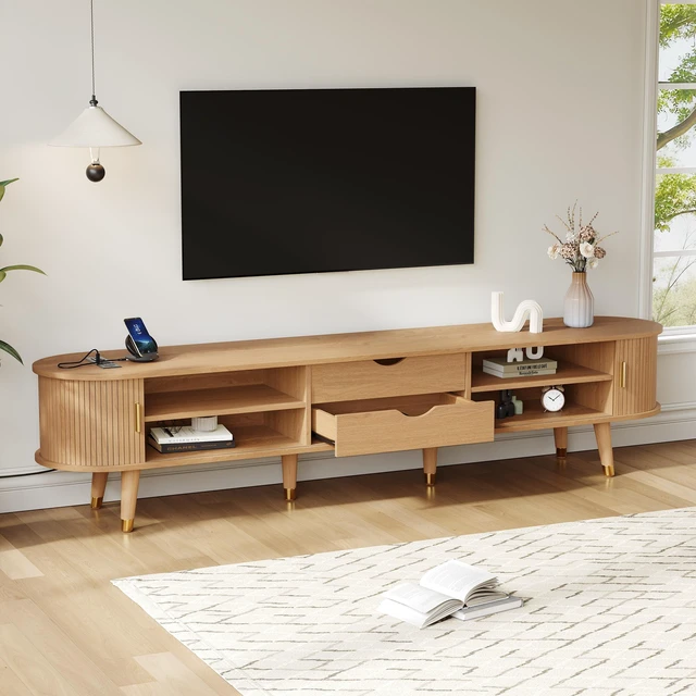 Alt view image 2 of 7 - Wooden Oval Fluted TV Stand with Charging Station for TV, Mid-Century Media Console with Sliding Tambour Door Cabinet