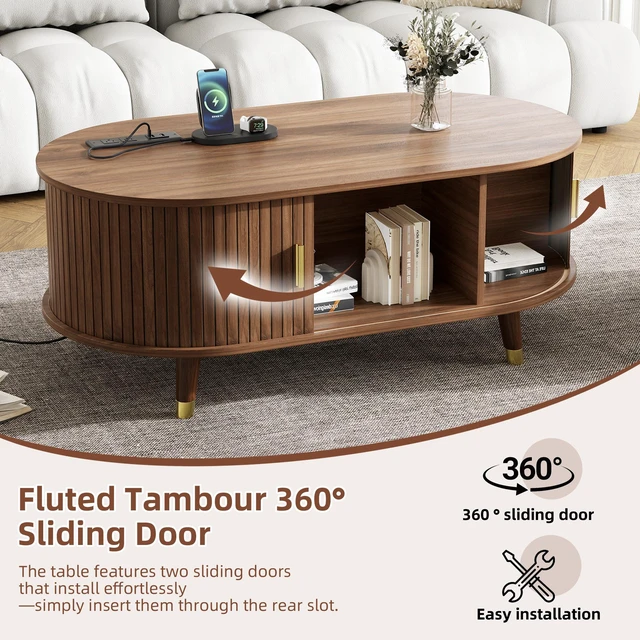 Alt view image 4 of 7 - TV Stand and Coffee Table Set with Charging Station, Oval Fluted Media Console with Sliding Doors for Tvs Mid-Century