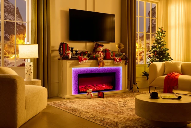 Alt view image 2 of 7 - 70 Inch Electric Fireplace with Mantel, LED Fireplace TV Stand with 3 Drawers Real Raised Textured Color LED 42 Inch