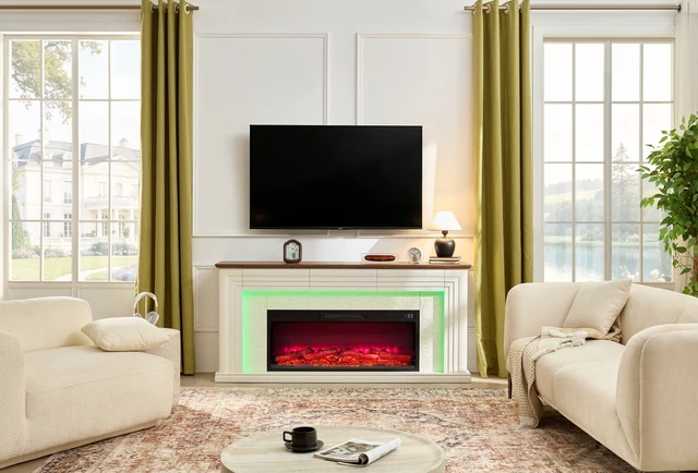 Alt view image 3 of 7 - 70 Inch Electric Fireplace with Mantel, LED Fireplace TV Stand with 3 Drawers Real Raised Textured Color LED 42 Inch