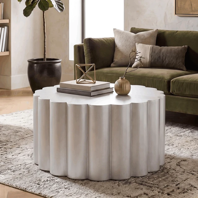 Main image of Scalloped Cylindrical Form Coffee Table Made with Aluminum Sheet, Silver, Aluminium and Iron