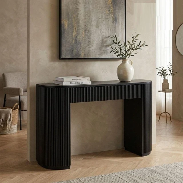 Main image of Living Console Table with Fluted Design, 52 Inch Solid Side Table, Black, MDF, Rubber Wood and White Oak