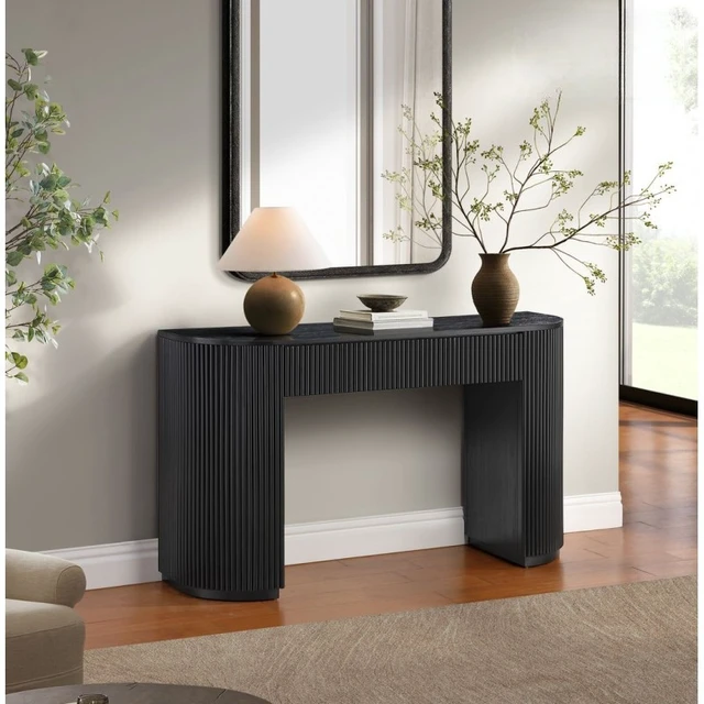 Alt view image 2 of 5 - Living Console Table with Fluted Design, 52 Inch Solid Side Table, Black, MDF, Rubber Wood and White Oak