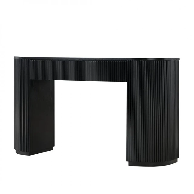 Alt view image 3 of 5 - Living Console Table with Fluted Design, 52 Inch Solid Side Table, Black, MDF, Rubber Wood and White Oak