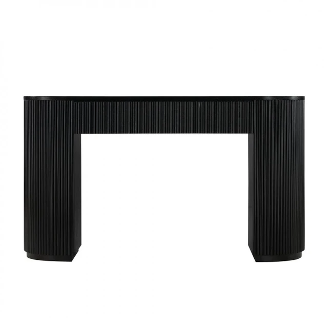 Alt view image 5 of 5 - Living Console Table with Fluted Design, 52 Inch Solid Side Table, Black, MDF, Rubber Wood and White Oak
