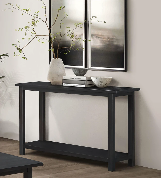 Alt view image 2 of 7 - Entryway Sofa Console Table, Distressed Java, Distressed Black, Engineered Wood and Pine