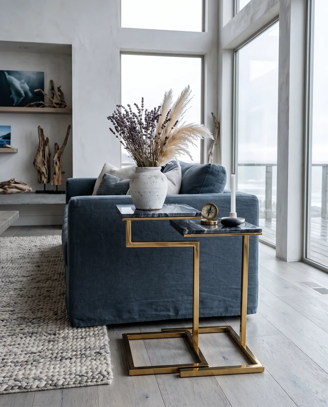 Alt view image 4 of 7 - Chamblee 2 Piece Square Nesting Table Set, Gold Black, Marble and Metal