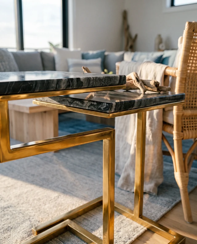 Alt view image 6 of 7 - Chamblee 2 Piece Square Nesting Table Set, Gold Black, Marble and Metal