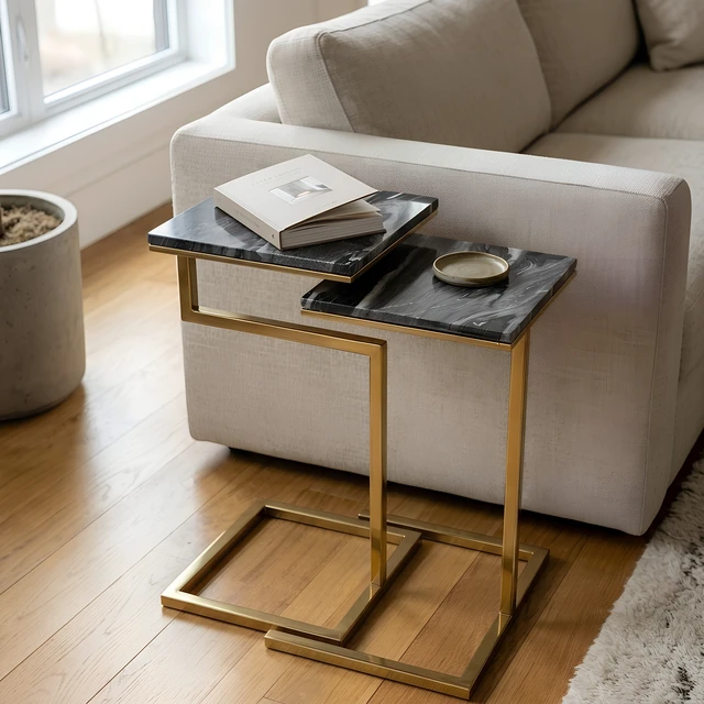 Alt view image 7 of 7 - Chamblee 2 Piece Square Nesting Table Set, Gold Black, Marble and Metal