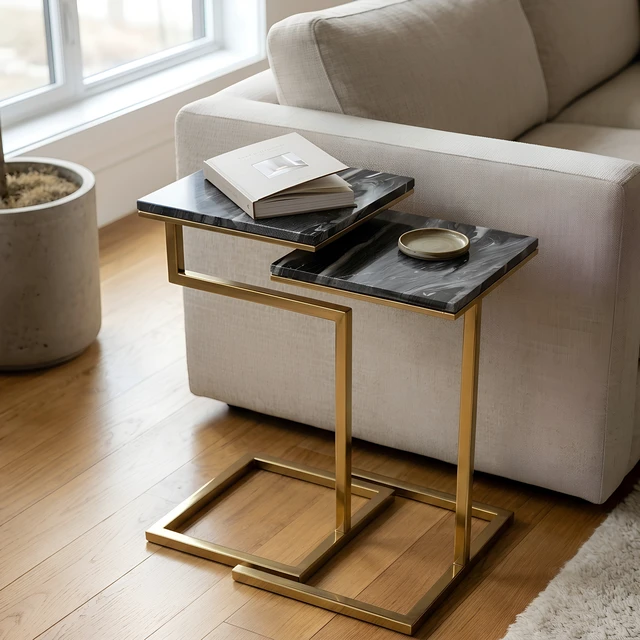 Alt view image 2 of 7 - Chamblee 2 Piece Square Nesting Table Set, Gold Black, Marble and Metal