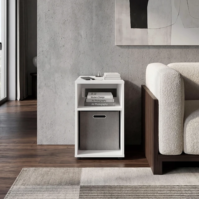 Main image of Manufactured Storage Side Table with Open Shelf and Fabric Bin, White, Particle Board