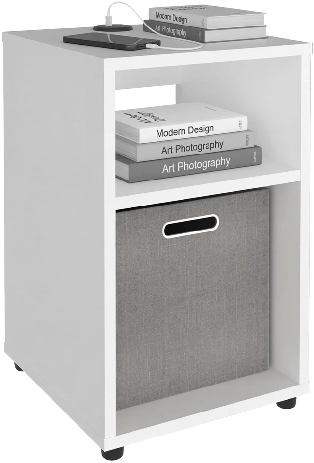 Alt view image 3 of 7 - Manufactured Storage Side Table with Open Shelf and Fabric Bin, White, Particle Board