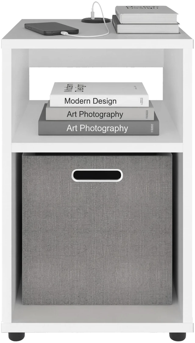 Alt view image 6 of 7 - Manufactured Storage Side Table with Open Shelf and Fabric Bin, White, Particle Board
