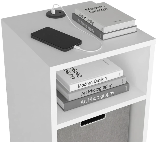 Alt view image 7 of 7 - Manufactured Storage Side Table with Open Shelf and Fabric Bin, White, Particle Board