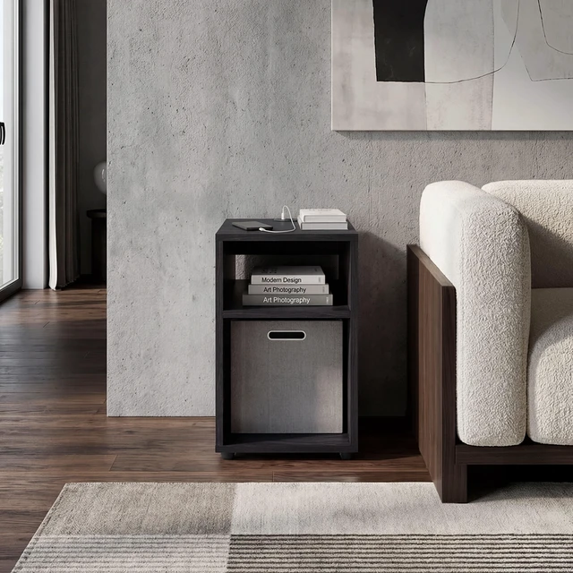 Main image of Manufactured Nightstand with Storage Shelf and Fabric Bin, Wenge, Particle Board, Tables