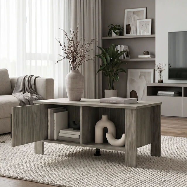 Alt view image 2 of 7 - Oakmont Storage Coffee Table with Cabinets, Rectangular Cocktail Table with Open Shelf for Living, Light Gray, Particle