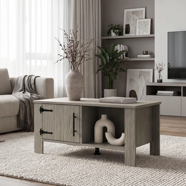 Main image of Oakmont Storage Coffee Table with Cabinets, Rectangular Cocktail Table with Open Shelf for Living, Light Gray, Particle