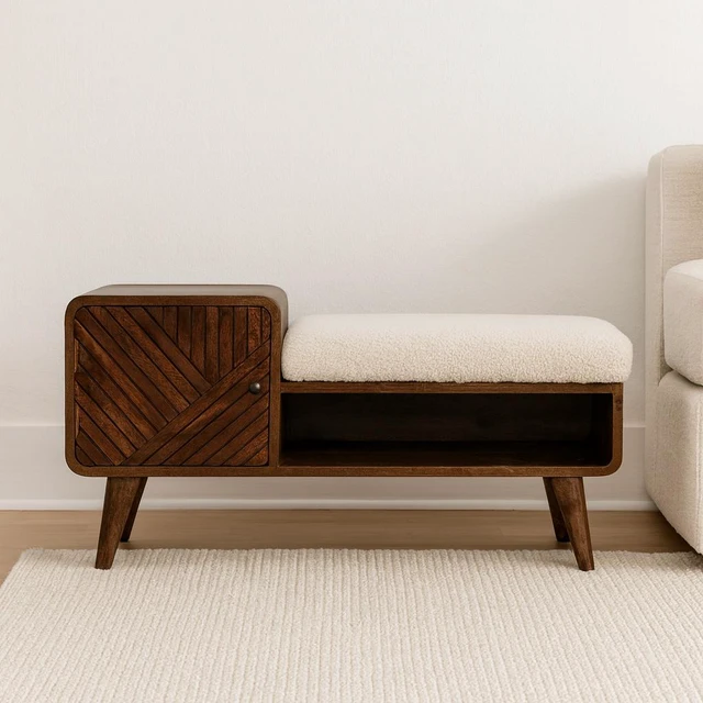 Main image of Solid Carved Telephone Table, Boucle Upholstered Chestnut, Brown, Solid Wood